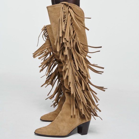Zara Split Suede Cowboy Boots with Fringes - Picture 9 of 11
